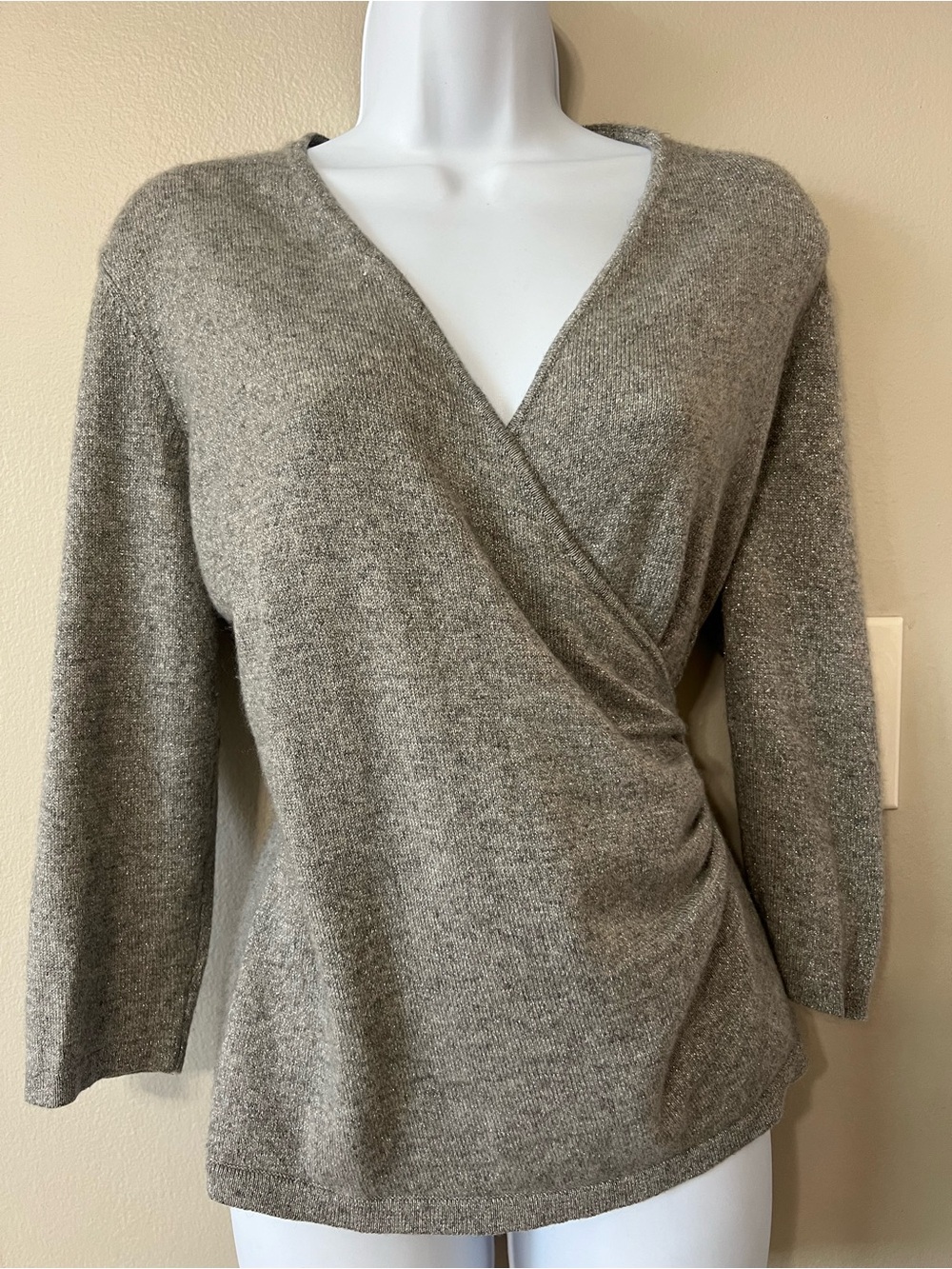 Ann Taylor 85% Cashmere Blend Metallic Silver Wrap Sweater Top Medium